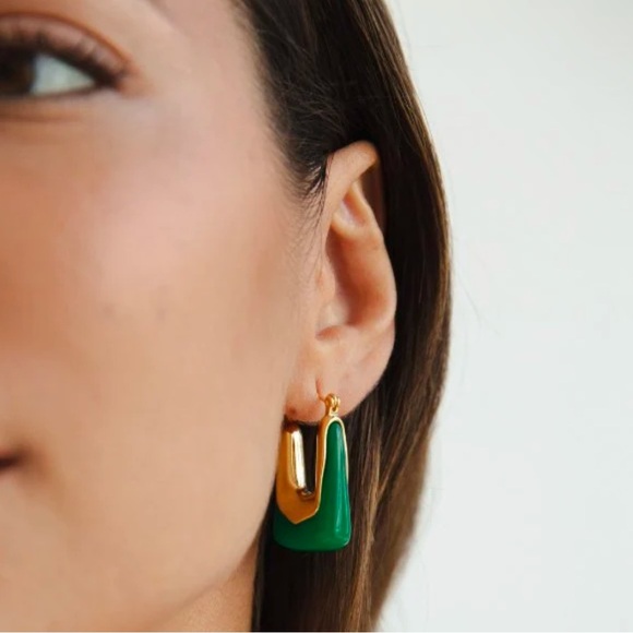 Esme Square Elegant Gold and Green Hoop Earrings - Picture 2 of 4